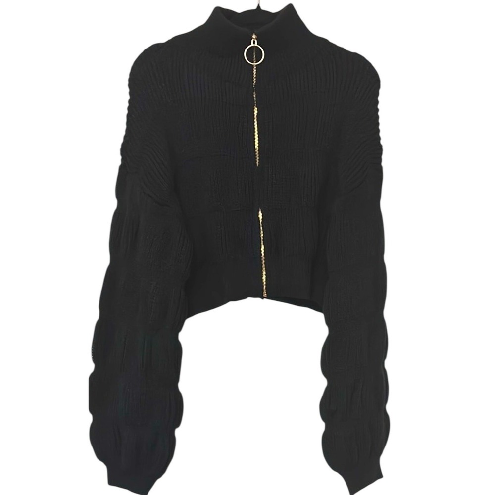 Black Full-Zip Cropped Sweater with Gold Accent- NWT